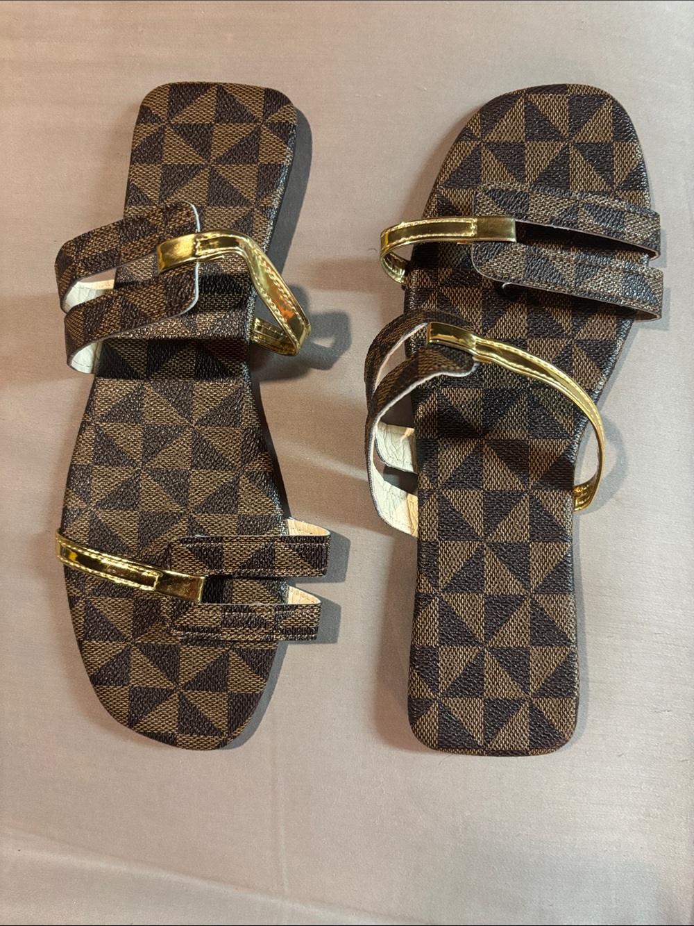 Women’s Brown Patterned Slide Sandals with Gold Accents